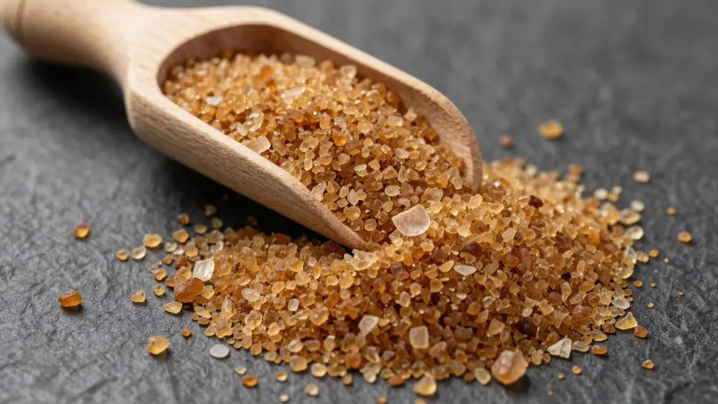 Coconut Sugar vs Cane Sugar for Food Manufacturing (2026) 2 Coconut sugar granules spilling from a wooden scoop.
