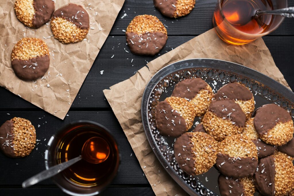 a group of chocolate chip cookies, coconut palm sugar, coconut secret coconut nectar, young coconut, dry coconut