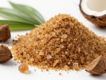 Pile of granular coconut sugar with palm leaves.